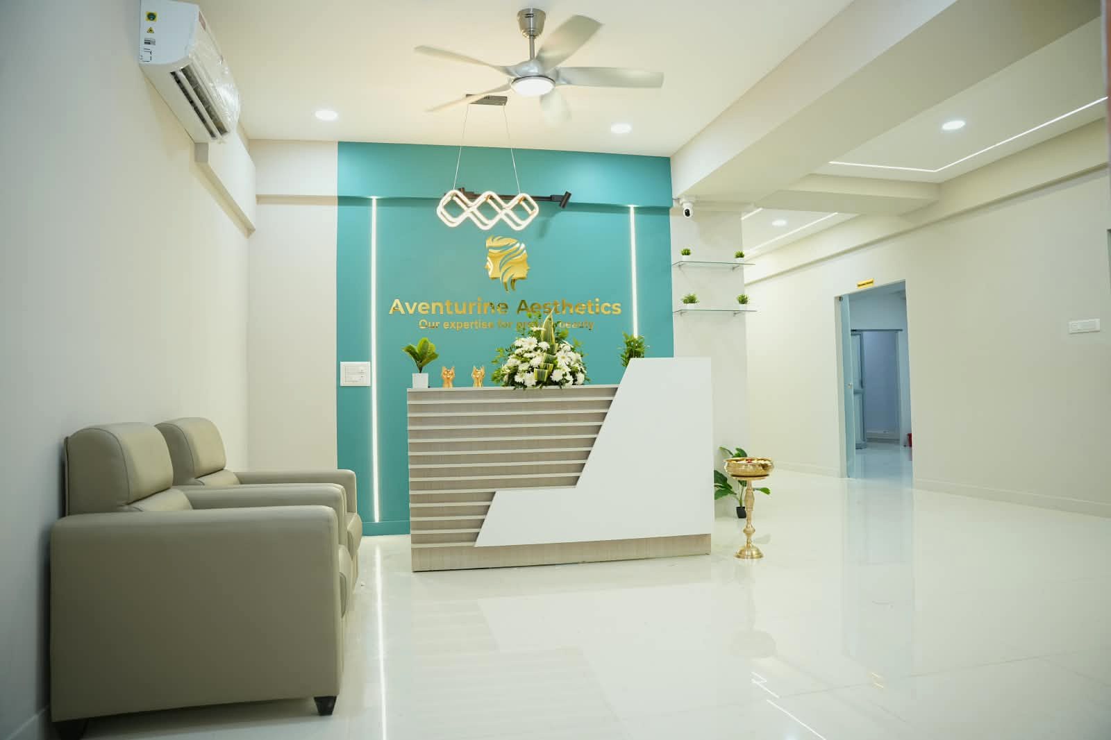 Reception at Aventurine Aesthetics, a KPME-registered aesthetic hospital in Vidyaranyapura Extn, Bangalore