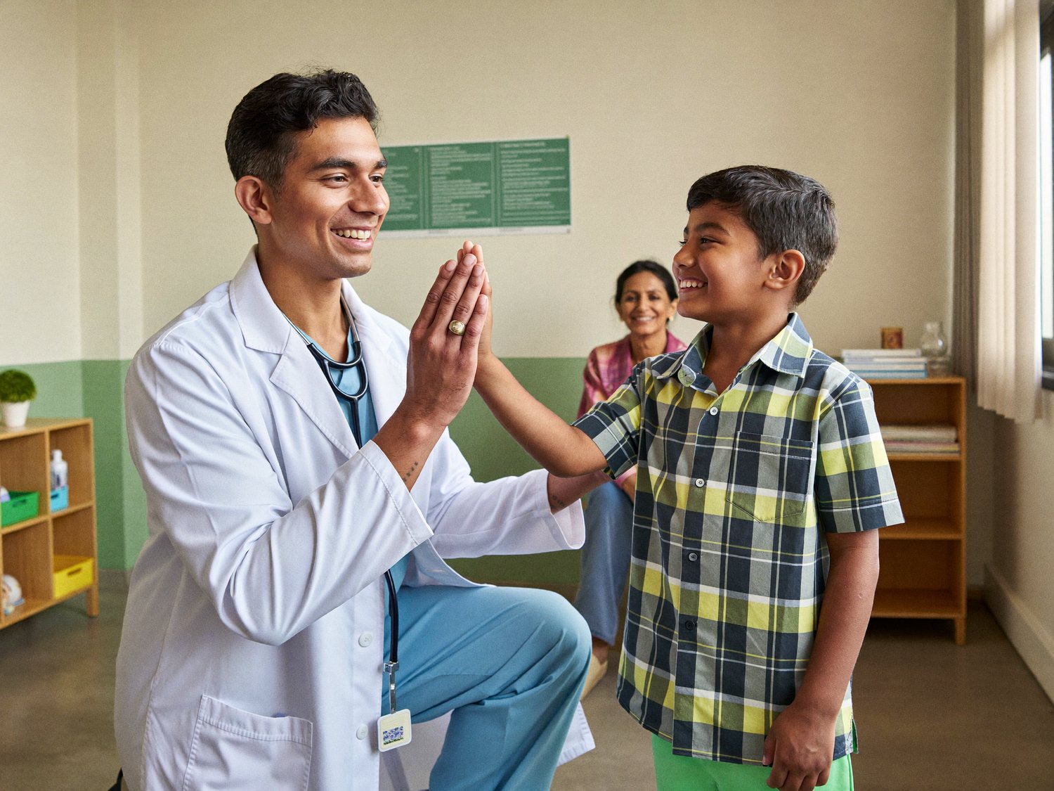 Paediatrician greeting a cheerful child during a check-up in Bangalore